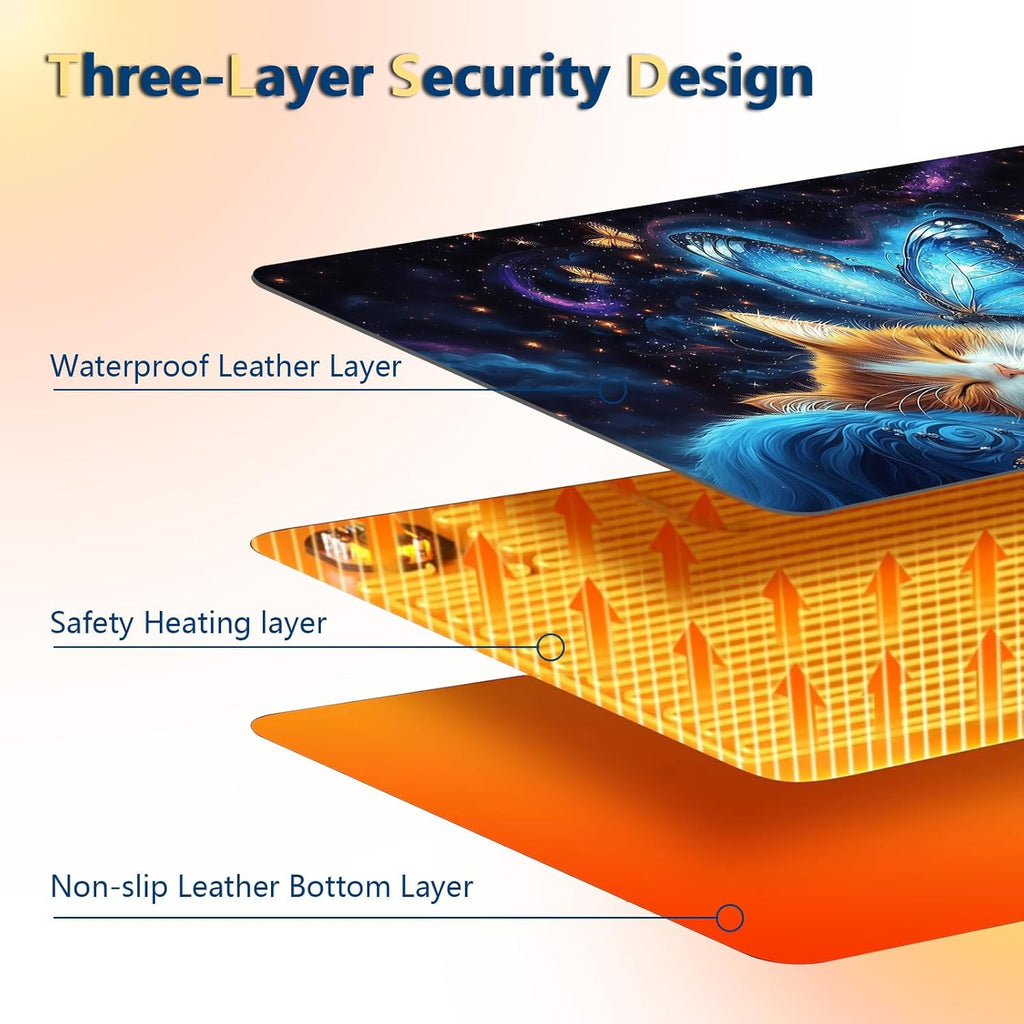 Heated Mouse Pad with 3 Temperature Settings(104°F–122°F),Large 24x14.2 Inch PU Leather Heated Desk Mat,Waterproof Warming Pad for Office,Gaming & Cold Hands Relief,Cat Bule Butterfly