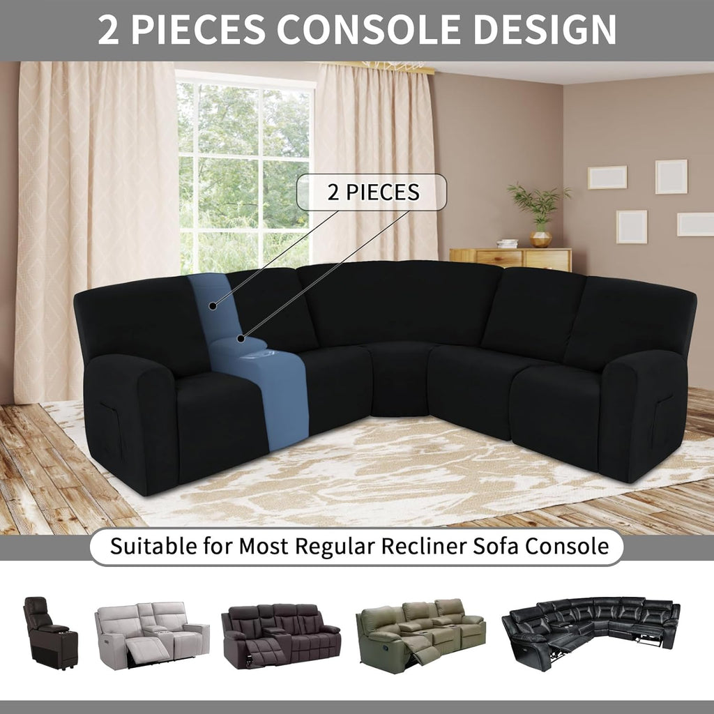 Easy-Going 100% Waterproof Recliner Console Cover, Stretch Middle Console Couch Covers for Reclining Sofas, Sectional L-Shape Furniture Protector for Kids & Pets, 1 Console Cover, Black