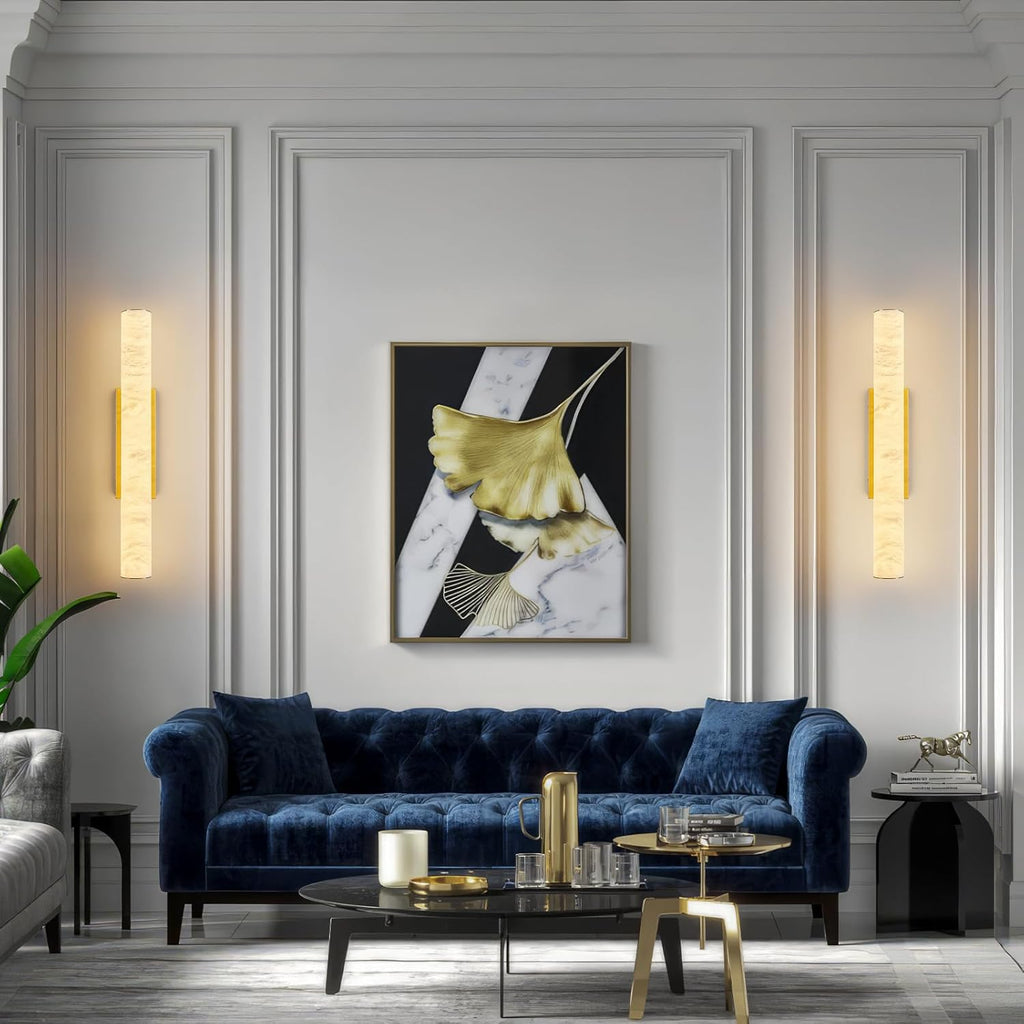 LMQNINE Natural Alabaster Wall Sconces Spanish Marble Wall Light Cylinder Modern Gold LED Sconce for Living Room Bedroom Bathroom Stairs（M-1Pack）