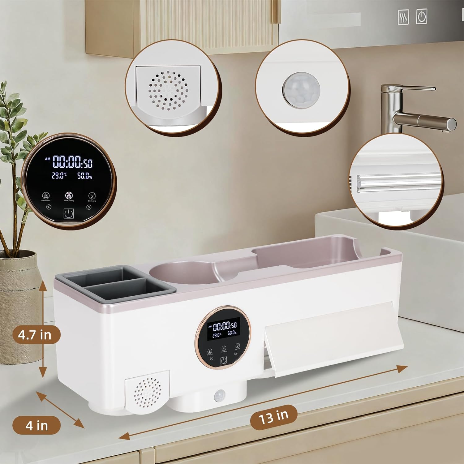 Toothbrush Holder Cleaner, Smart Automatic Toothbrush & White Hair Dryer Holder, Sensor Light, Touch Screen Timer, Bathroom Wall Accessories Organizer