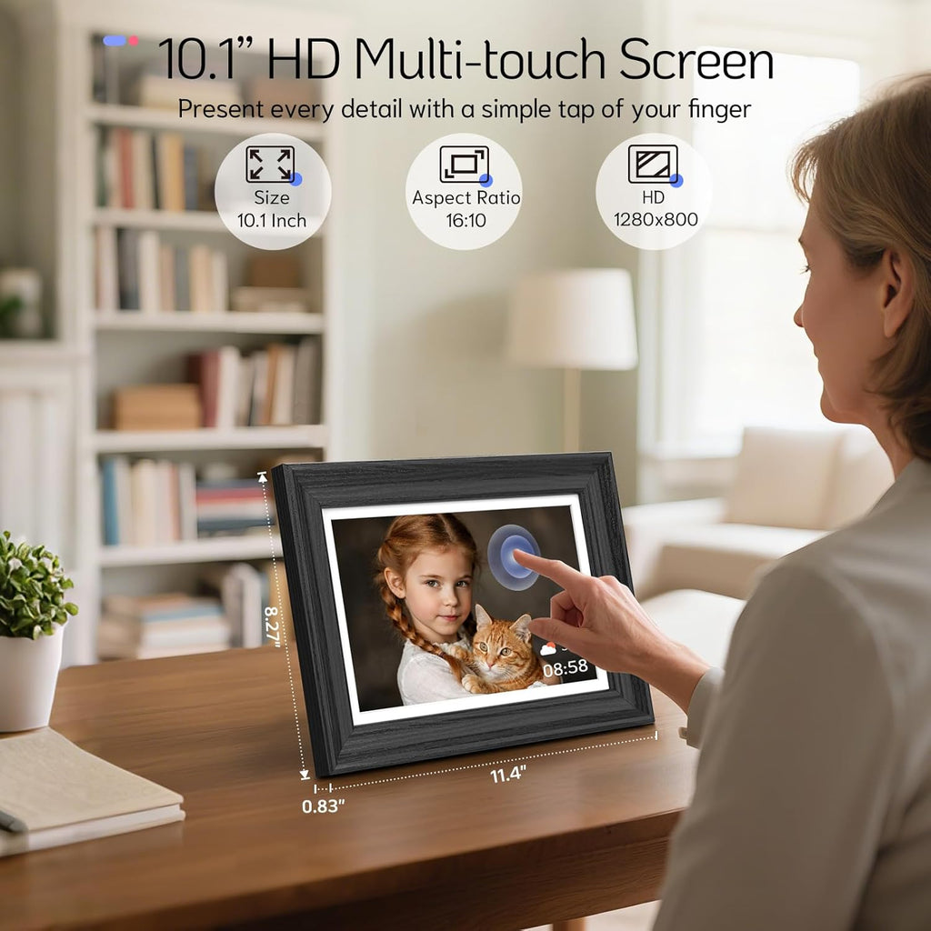 NexFoto Touchscreen Digital Picture Frame 10.1 Inch 64GB, WiFi Photo Frame Electronic, Add Pics from Google Photos, Easy to Share Videos via App/USB/Micro SD, for Christmas/Mom/Birthday, Black Wood