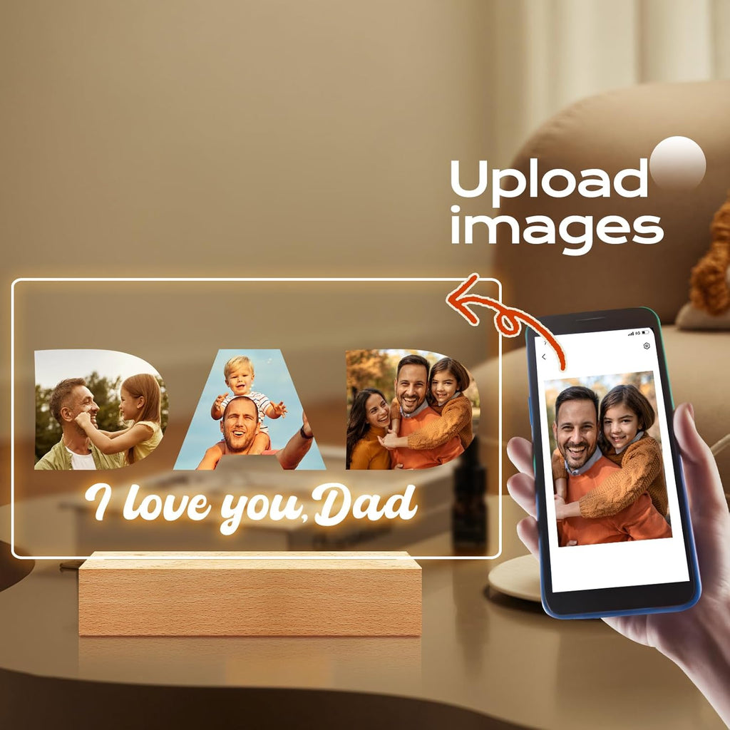 Custom Picture Frames with Photo, Custom Photo Frame with Night Light, Personalized Picture Frame, Personalized Valentines Day Gifts for Dad from Daughter & Son
