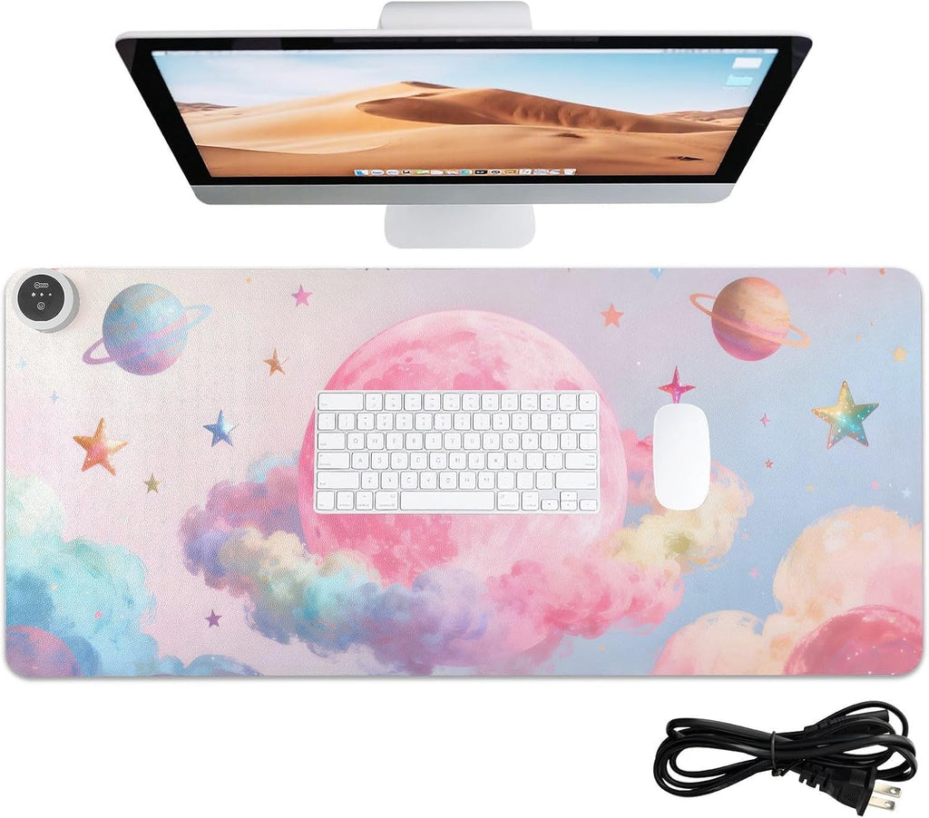Large Heated Mouse Pad,Leather Desk Mat,31.5"x13",Hand Warmer Pads for Desk,Sky(Orange Pink)