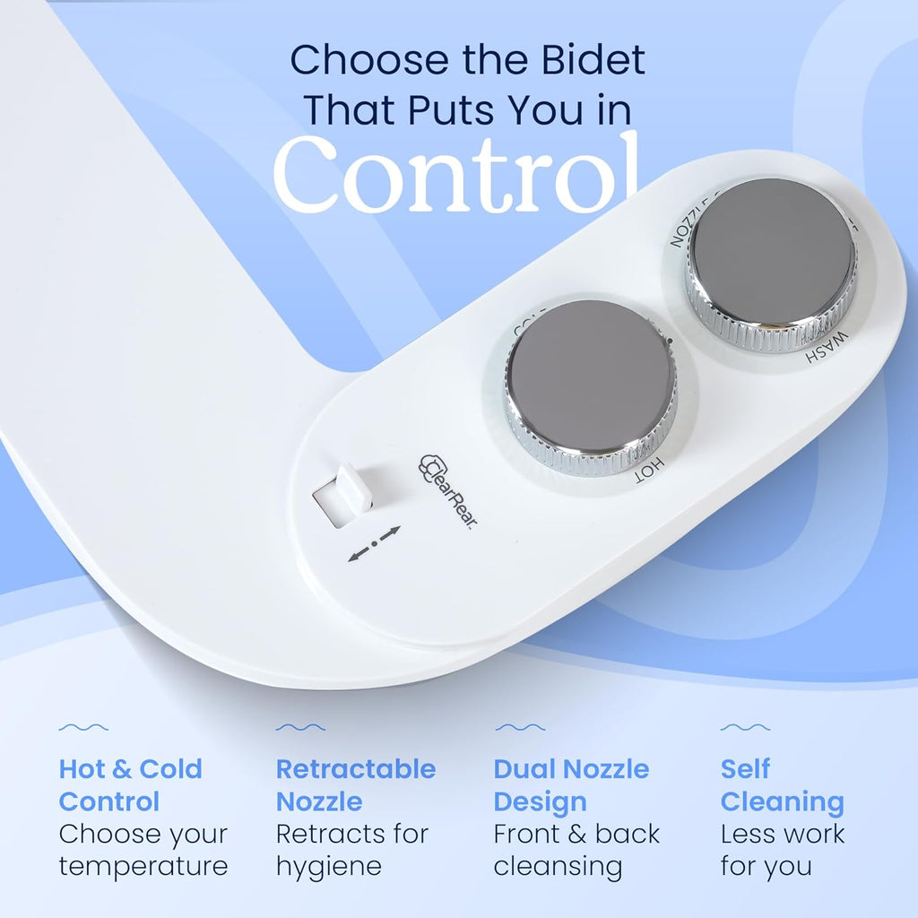 CLEAR REAR Bidet Attachment for Toilet Seat - Non-Electric, Self-Cleaning Dual Nozzle, Adjustable Water Pressure, Rear & Feminine Wash Hygienic Upgrades - Fits Elongated Toilets (Cold & Warm Water)