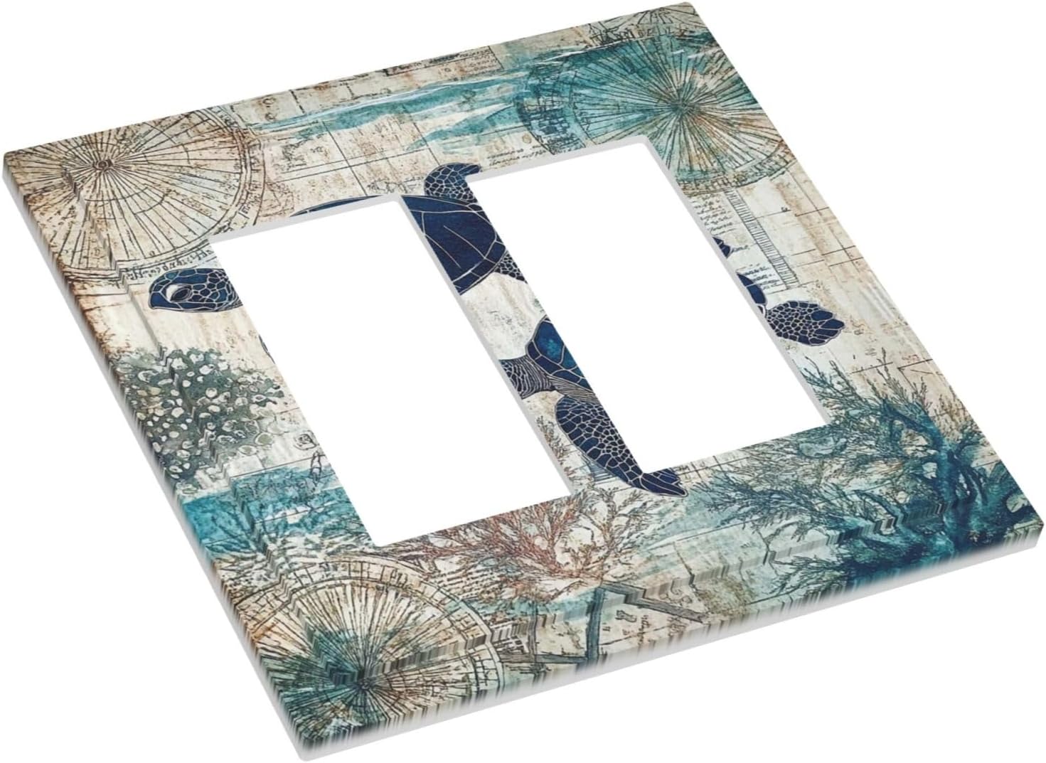 Blue Green Sea Turtle Tropical Ocean Coral Nautical Map Decorative Outlet Covers 2 Gang Double Gfci Rocker Electrical Wall Panels Light Switch Cover Plate For Bed Room Bathroom Decor