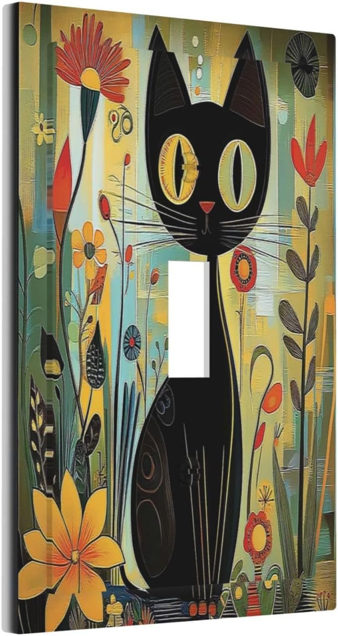Funny Cat Retro Abstract Flowers Kitten Decorative Light Switch Cover 1 Gang Single Toggle Device Electrical Faceplate Switchplates Decorator Outlet Wall Plate For Kids Room Bed Room Decor