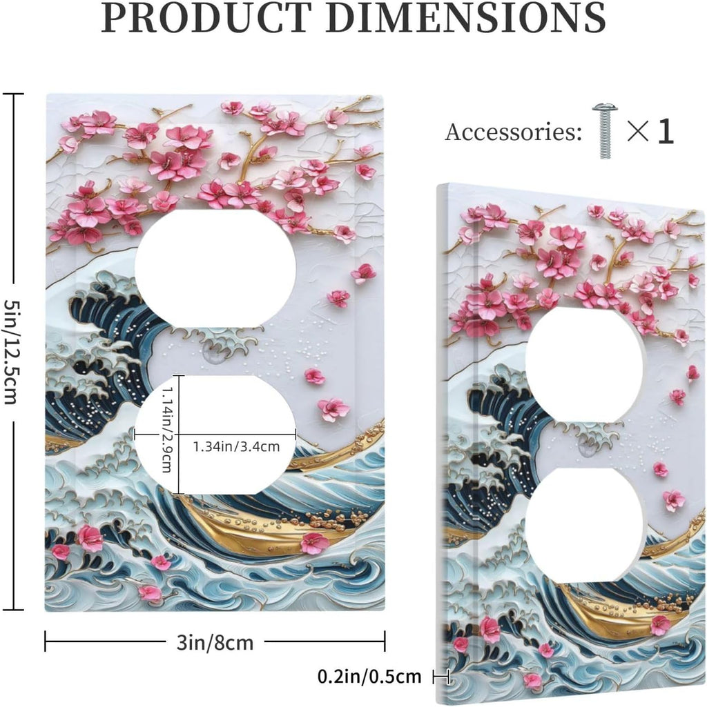 Outlet Covers The Great Wave Off Kanagawa With Sakura 1 Gang Duplex Wall Plate Decorative Switch Plates Electrical Receptacle Faceplate Light Switch Cover for Bedroom Bathroom Decor