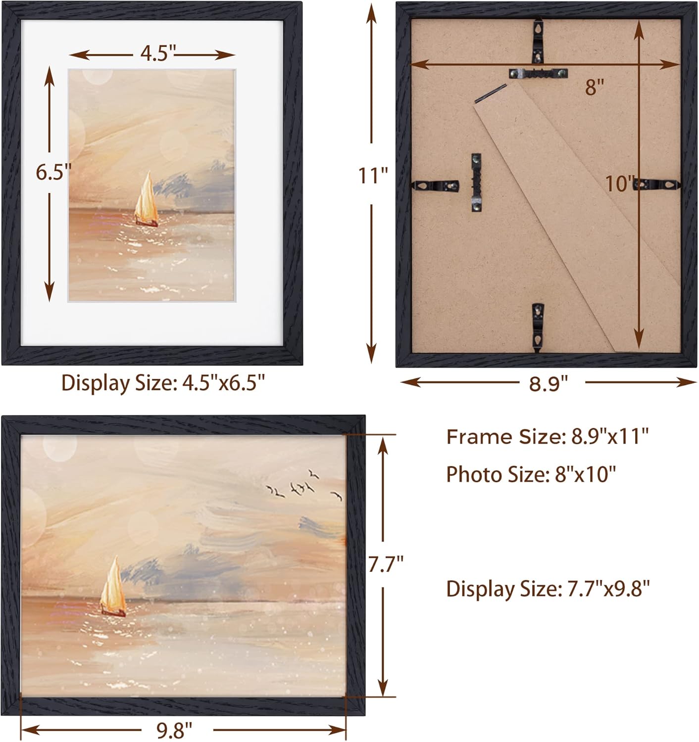 8x10 Picture Frame Black Set of 3, Solid Oak Wood Photo Frames 8 x 10 for Wall, Real Glass 8"x10" Frame with Stand, 8 by 10 Black Wood Frame, 8x10 Matted Frame for 5x7