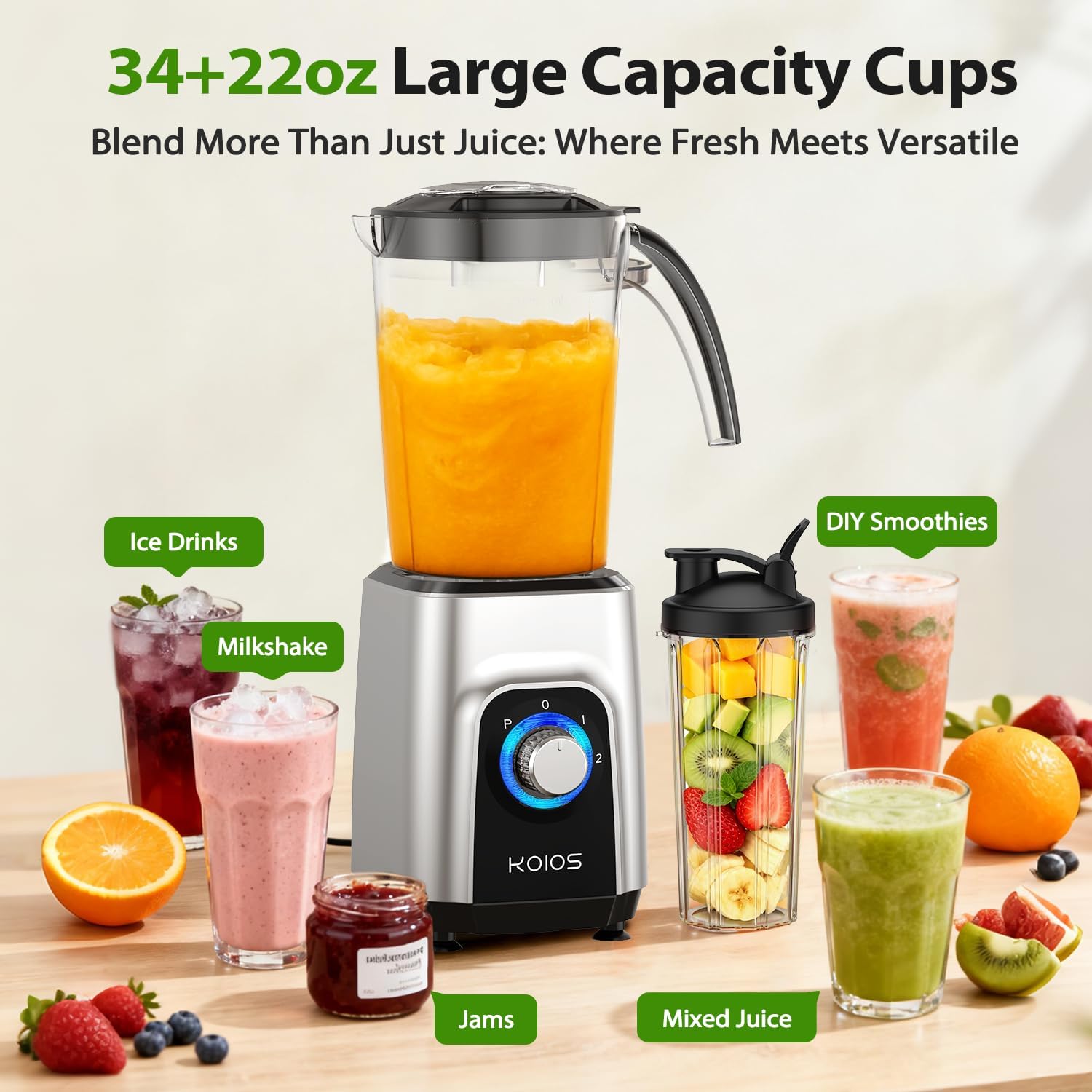 KOIOS Blender/Food Processor Combo Max 1000W, 4 in 1 34oz Pitcher, 22oz Blending Cup, Meat Grinder & Vegetable Chopper, Spice Grinder,BPA Free -All-in-One Kitchen System, Dishwasher Safe