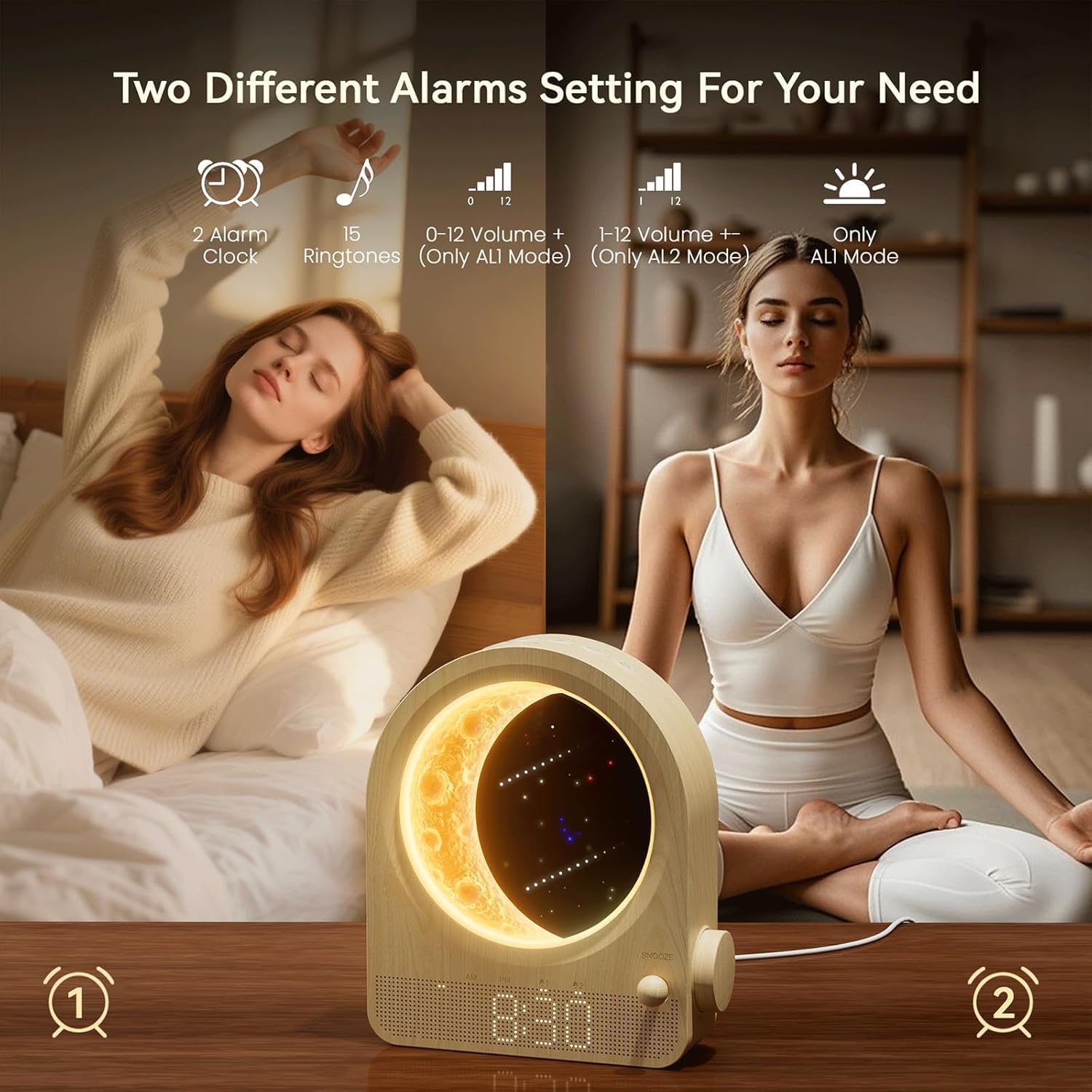 Sunrise Alarm Clocks for Bedrooms, Stepless Dimmable Moon Lamp Dual Alarm Clock Wake Up Light with 12Levels Volume for Heavy Sleepers, 10 Natural Sounds with Timer, Gifts for Women