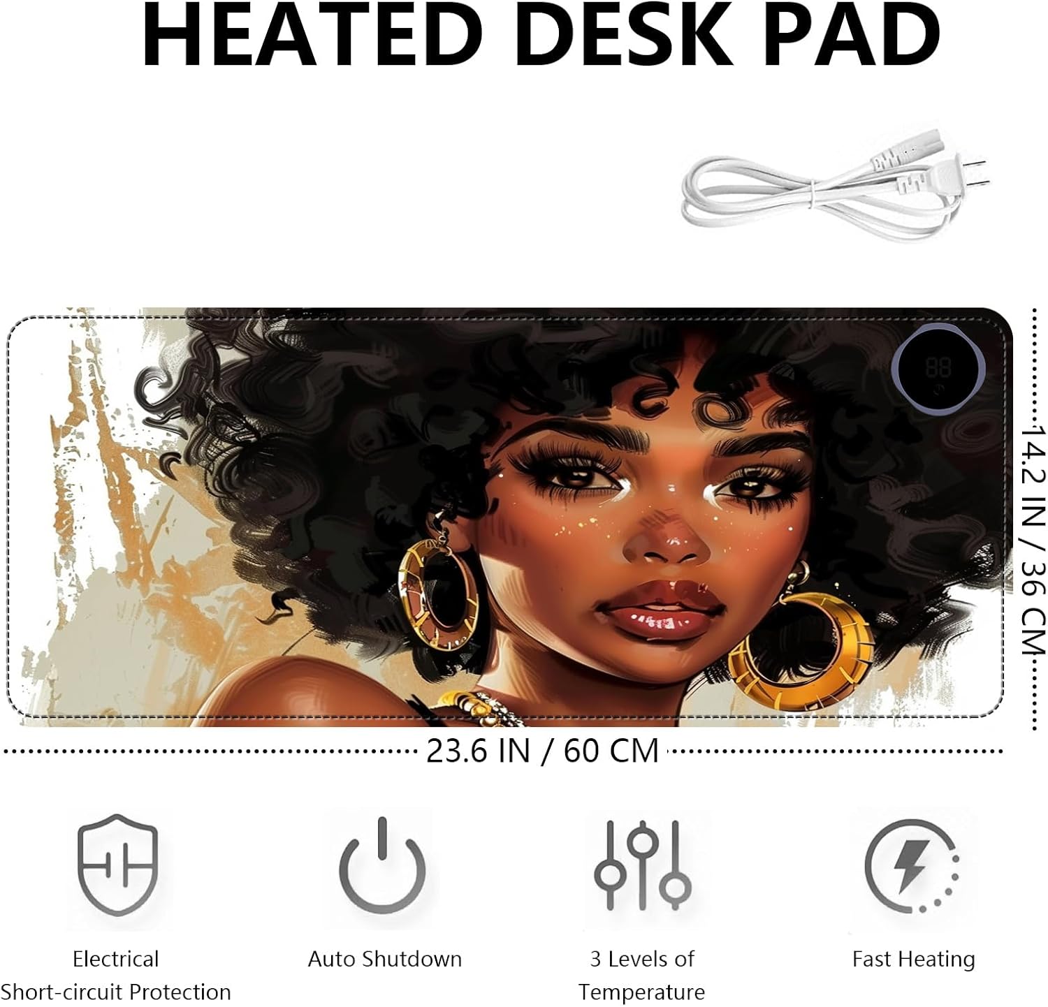 Heated Mouse Pad with 3 Levels Heated & 3 Hours Auto Shut-Off Mouse Pad for Warming Hands in Office Home, 23.6" x 14.2"Large Safe Desk Mat Hand Warmer，Girl with Short Hair