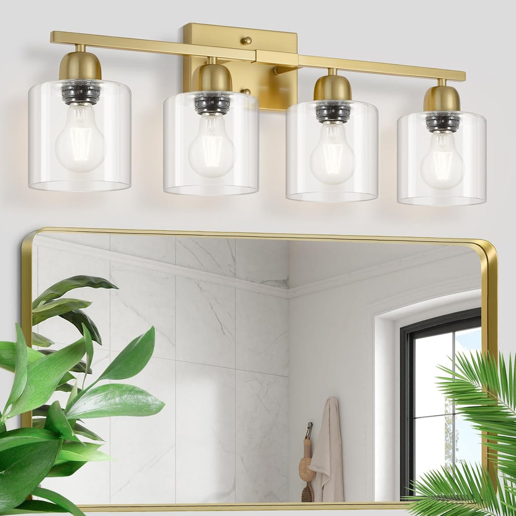 Modern Brushed Gold 4 Light Bathroom Light Fixtures, 24 inch Vanity Lights for Bathroom with Clear Glass, Bathroom Vanity Light for Mirror Kitchen Living Room Hallway Cabinet Porch