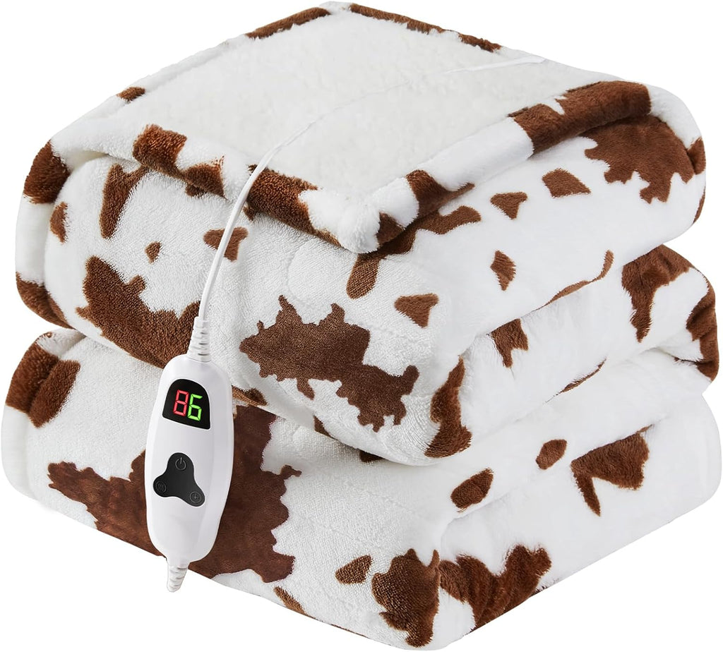 Cow Print Heated Electric Blanket Twin Size,62X84 Brown Heating Blanket with 10 Heats Levels & 8 Hours Auto Off,Highland Cow Fleece Sherpa Blankets Warmer Gifts for Women Adults Couch,Washable