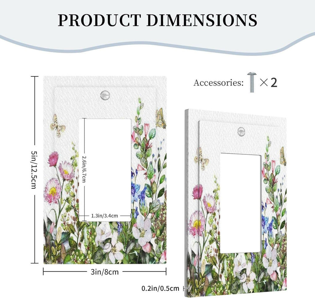 Boho Colorful Wildflowers Butterfly Green Plant Leaf 1 Gang Rocker Light Switch Covers Single Decora Outlet Wall Plate Decorative Switchplate Faceplate GFCI for Country Bathroom Bedroom Decor