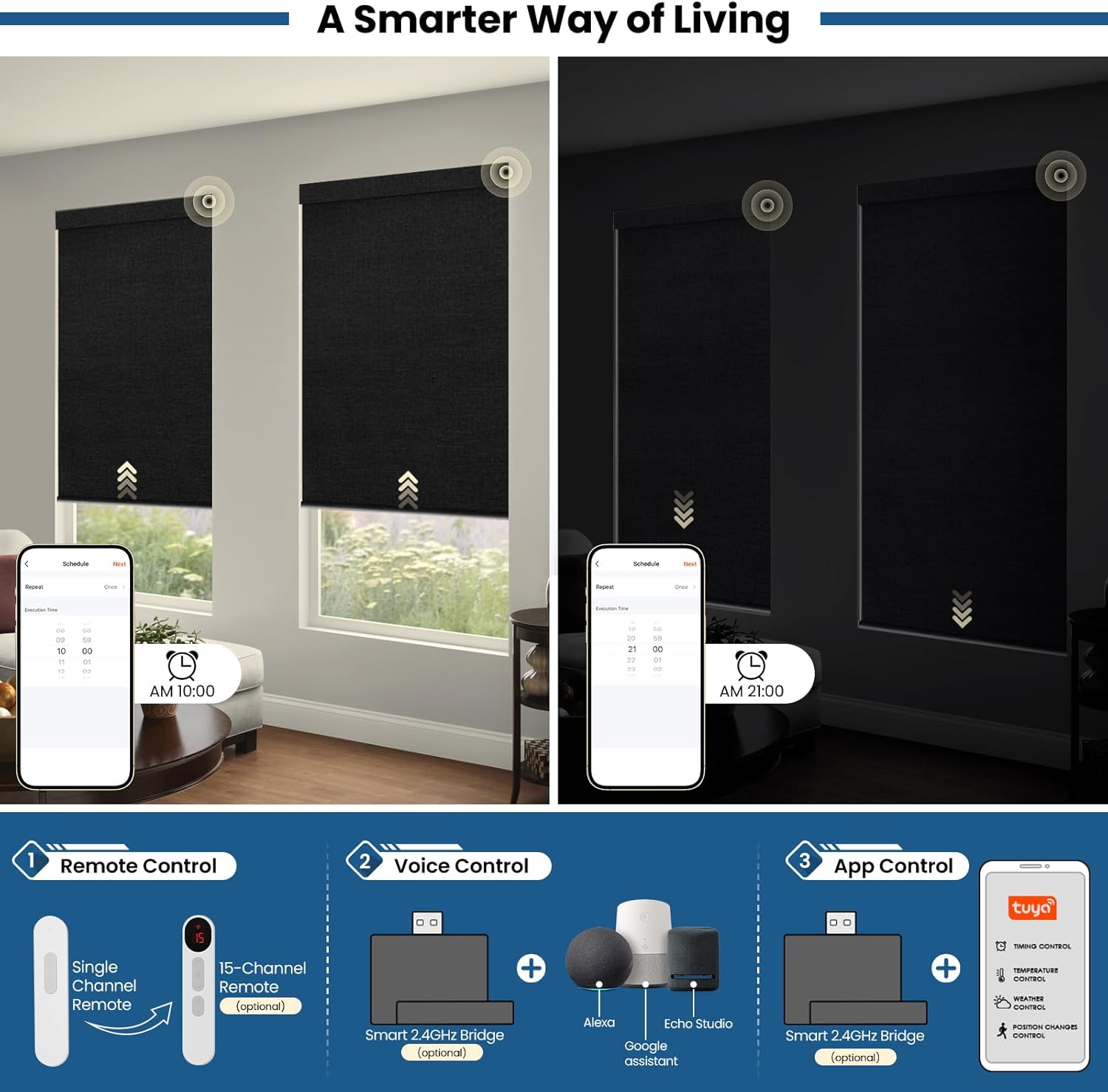 No Drill Motorized Blinds with Remote, Blackout Automatic Blinds with Solar Panel, Cordless Smart Electric Roller Shades for Windows, Black, 46 x 72