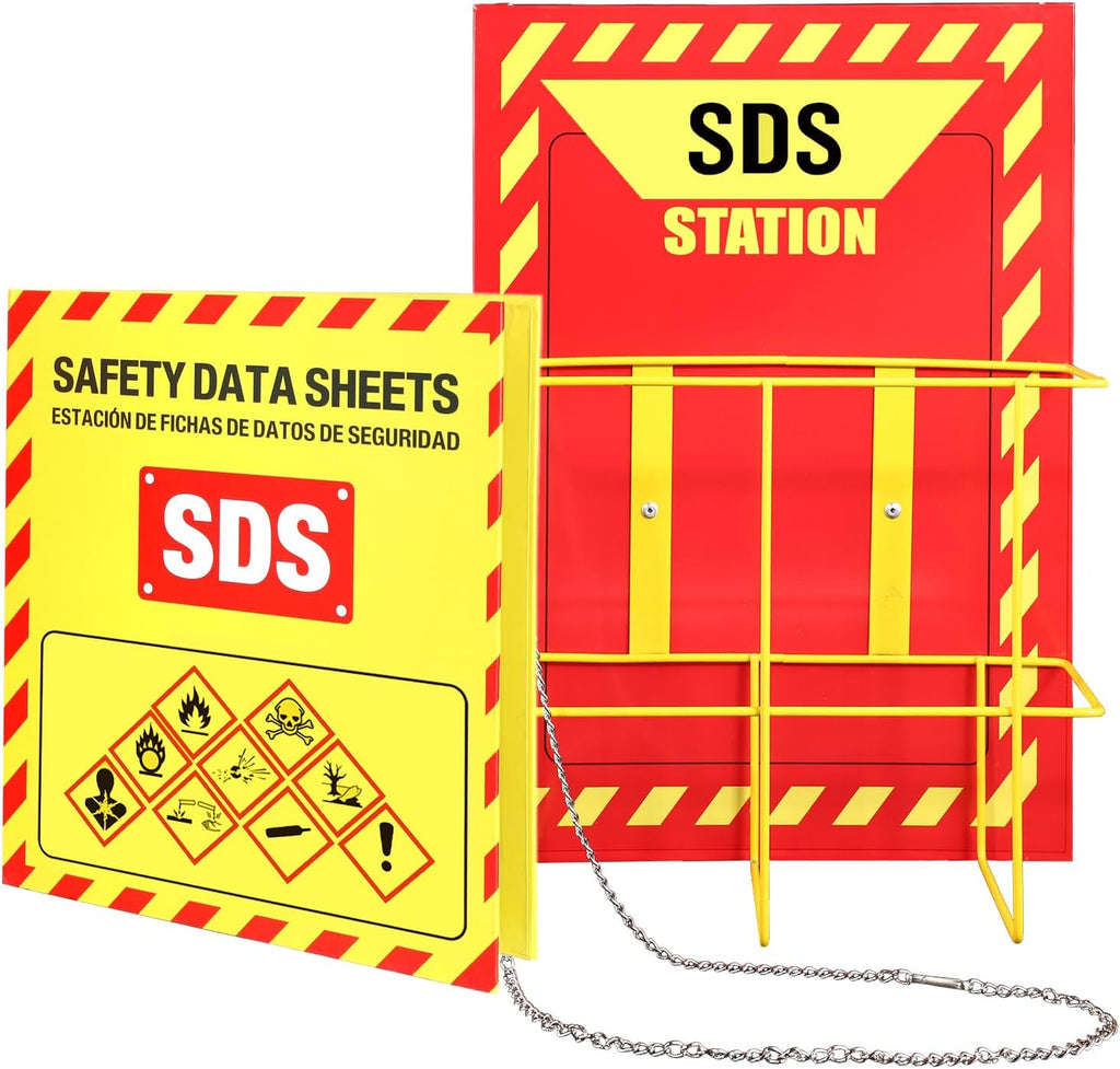 MSDS Yellow Heavy Duty 3 Inch Material Safety Data Sheet 3 Ring Binder with SDS Wire Rack, Display Sign, Chain, Safety Posters, Labels, Wall Mount