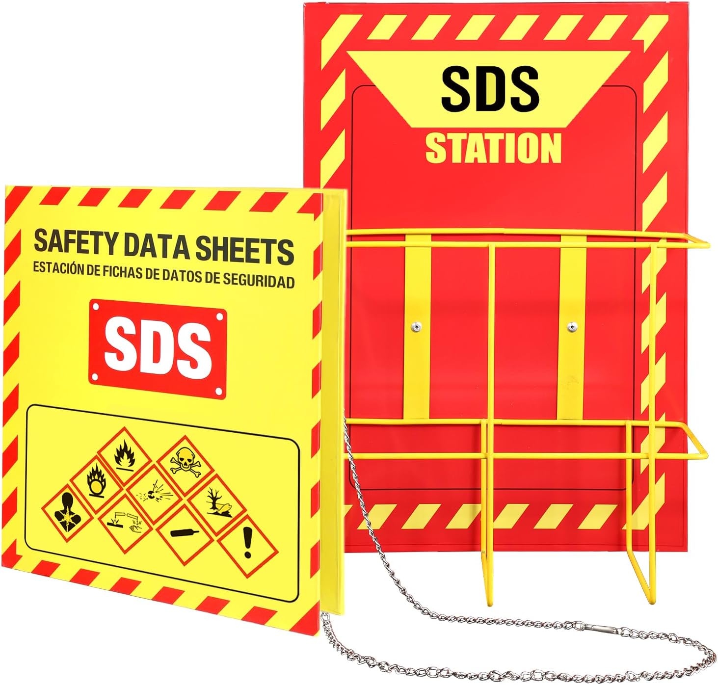 MSDS Yellow Heavy Duty 3 Inch Material Safety Data Sheet 3 Ring Binder with SDS Wire Rack, Display Sign, Chain, Safety Posters, Labels, Wall Mount