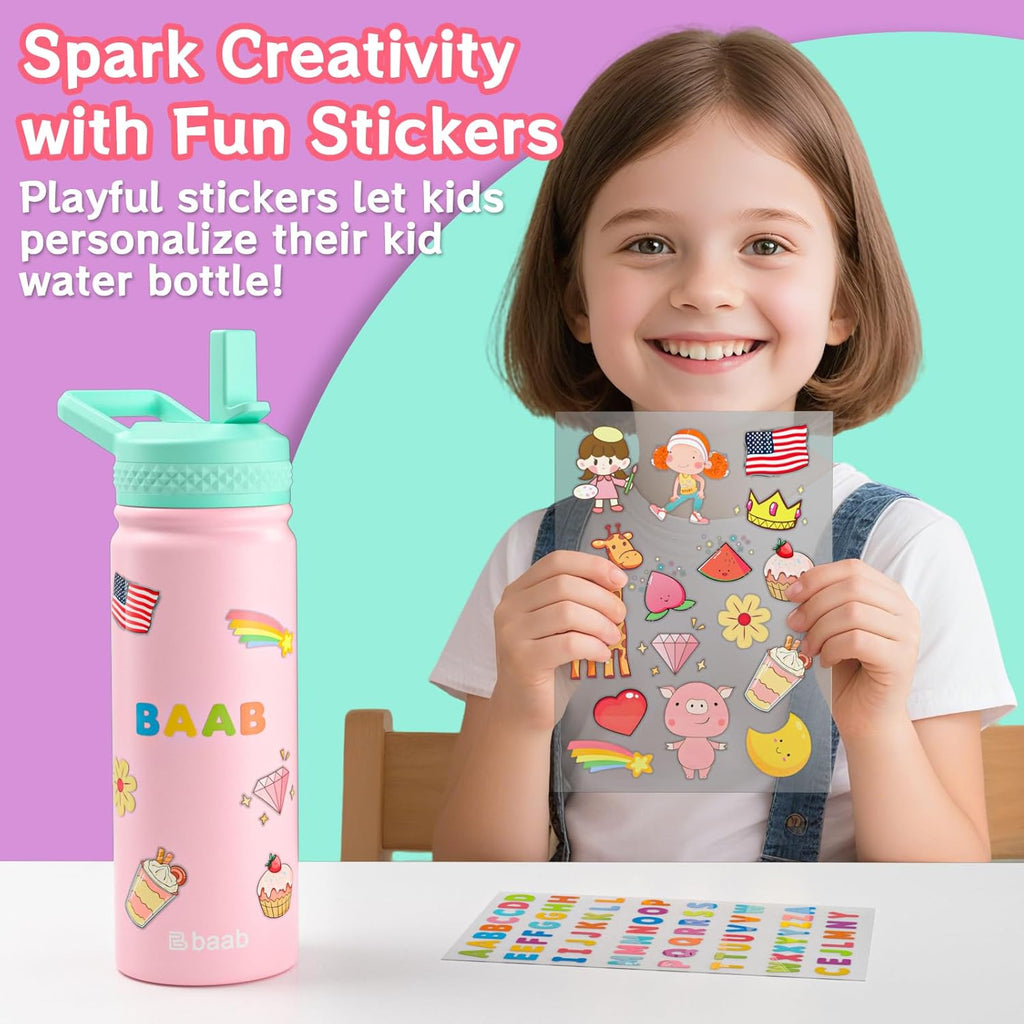 baab 18oz Kids Water Bottle, Insulated Water Bottle with Straw & Stickers, 18/8 Stainless Steel Vacuum Leakproof Kids Water Straw Cup for School, Perfect for Boy Girl (Pink, 1 Pack)