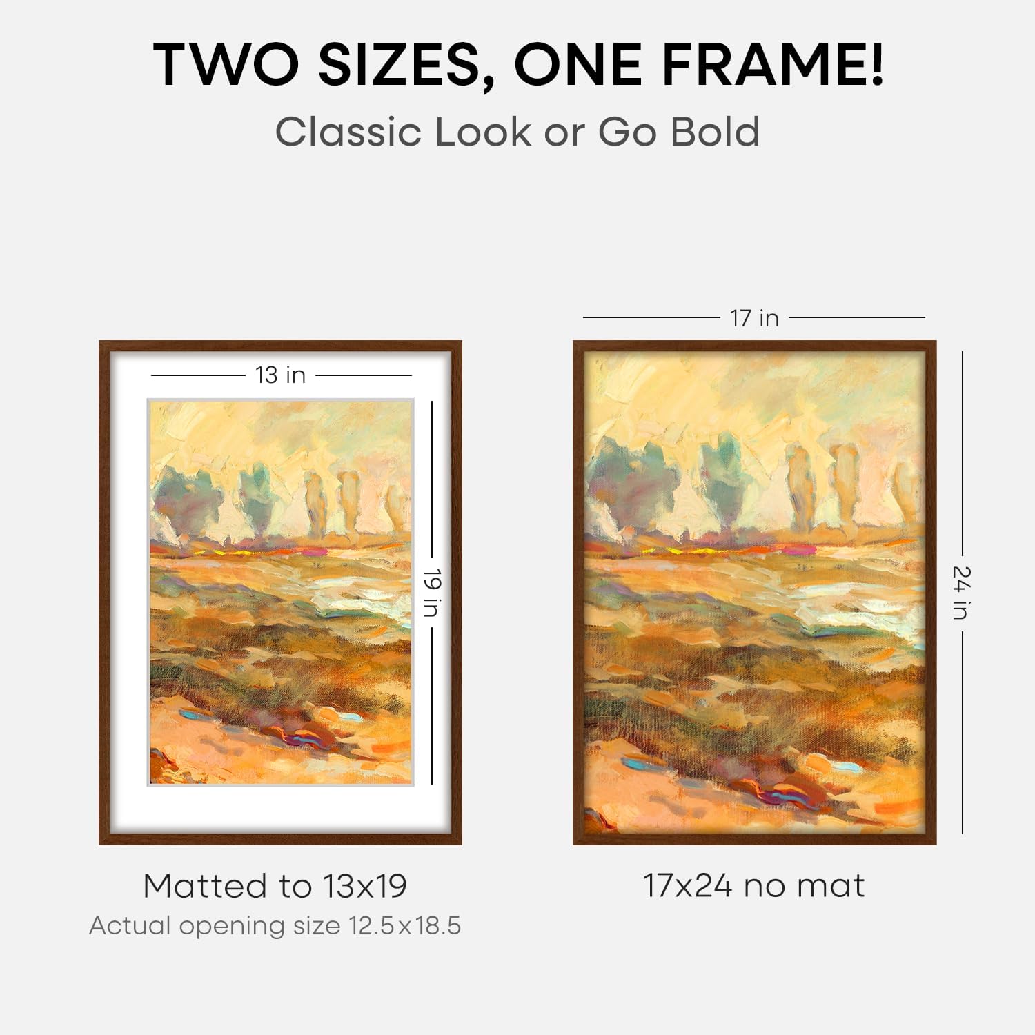 Homeforia 17x24 Picture Frame Brown, High End Dark Oak 17x24 Poster Wood Frame with Mat 13x19 for Photo, 17 x 24 Wooden Walnut Frame Matted to 13 x 19, 24x17 Frames, Tempered Glass, Wall Kit, Set of 1