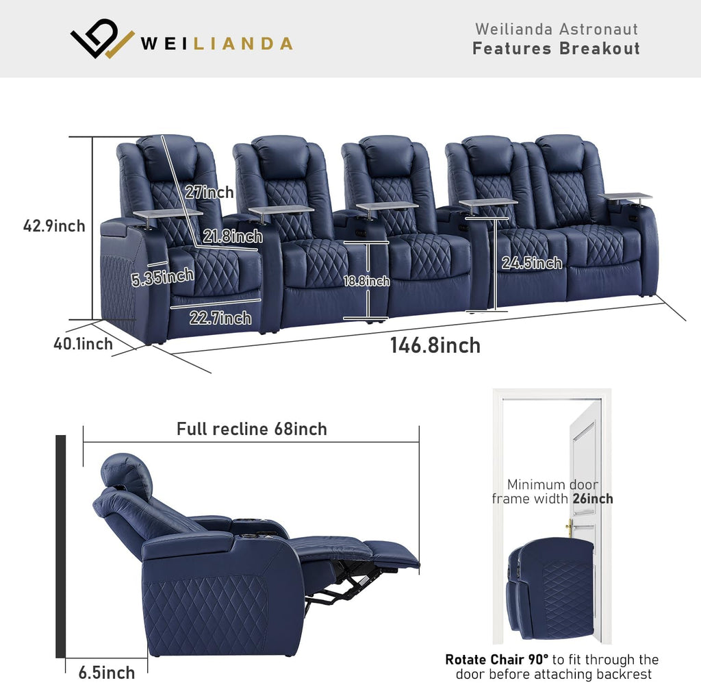 Weilianda Home Theater Seating Top Grain Leather Zero Gravity Recliner Chair Power Headrest Recline Movie Seat Gaming 7 Colors Mood Light Sofa with Tray Table USB Charge Row of 5 Loveseat Right Blue
