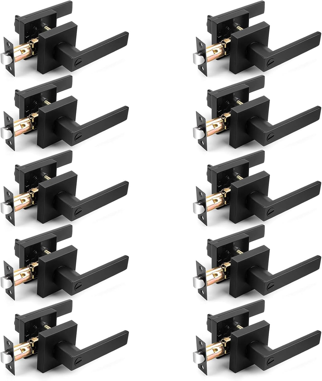 Probrico 10 Pack| Matte Black Square Privacy Door Levers Bed Bath Door Handles, Heavy Duty Interior Keyless Door Locks for Left or Right Sided Doors