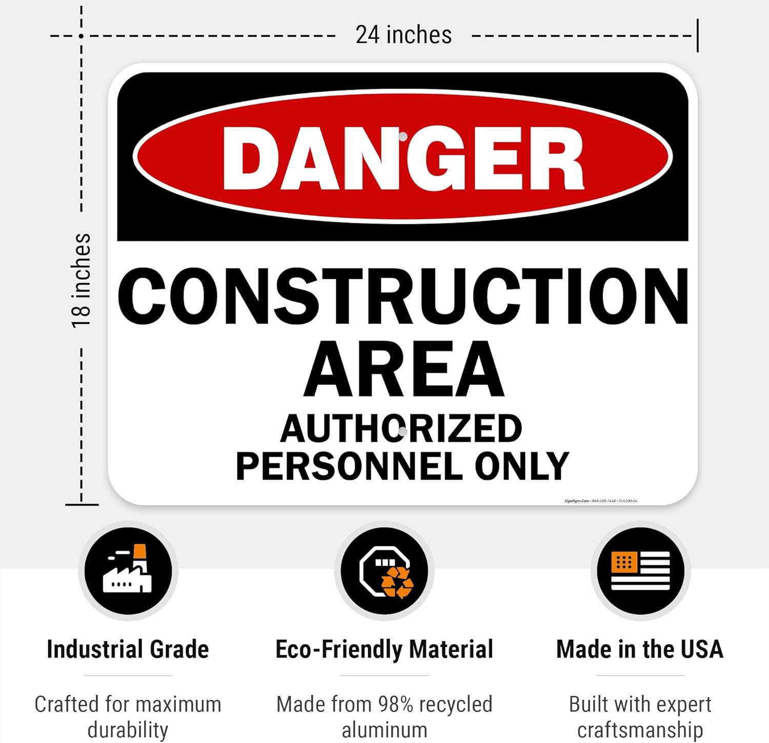 Danger Construction Area Sign, Authorized Personnel Only Sign, 18x24 Inches, Rust Free .063 Aluminum, Fade Resistant, Easy Mounting, Indoor/Outdoor Use, Made in USA