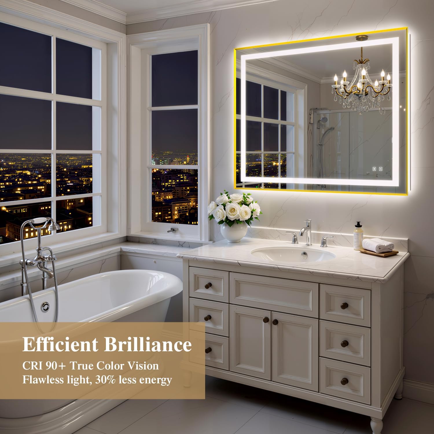 48X40 Inch LED Bathroom Mirror with Lights, Gold Frame Frontlit+ Backlit Bathroom Vanity Mirror for Wall, Ultra-Clear Tempered Glass, Shatter-Proof, Anti-Fog and Memory Function, ETL Listed