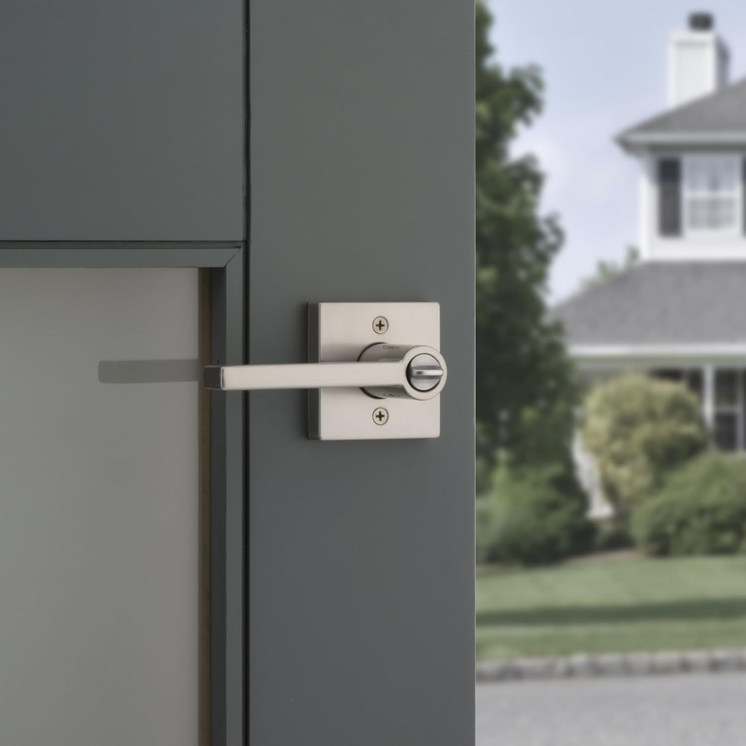 Kwikset Halifax Entry Door Handle with Lock and Key, Secure Keyed Reversible Lever Exterior, for Front Entrance and Bedrooms, Satin Nickel, 4 Pack, Pick Resistant SmartKey Rekey Security and Microban