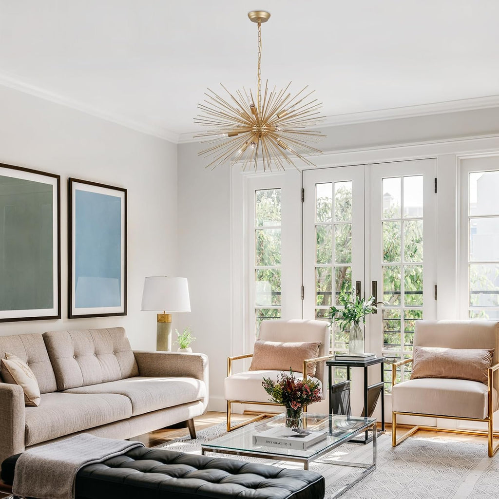 Gold Starburst Chandelier,9-Light Sputnik Chandelier Light Fixture Firework Ceiling Light for Dining Room,Bedroom,Living Room,Kitchen,Entryway,Foyer,29in