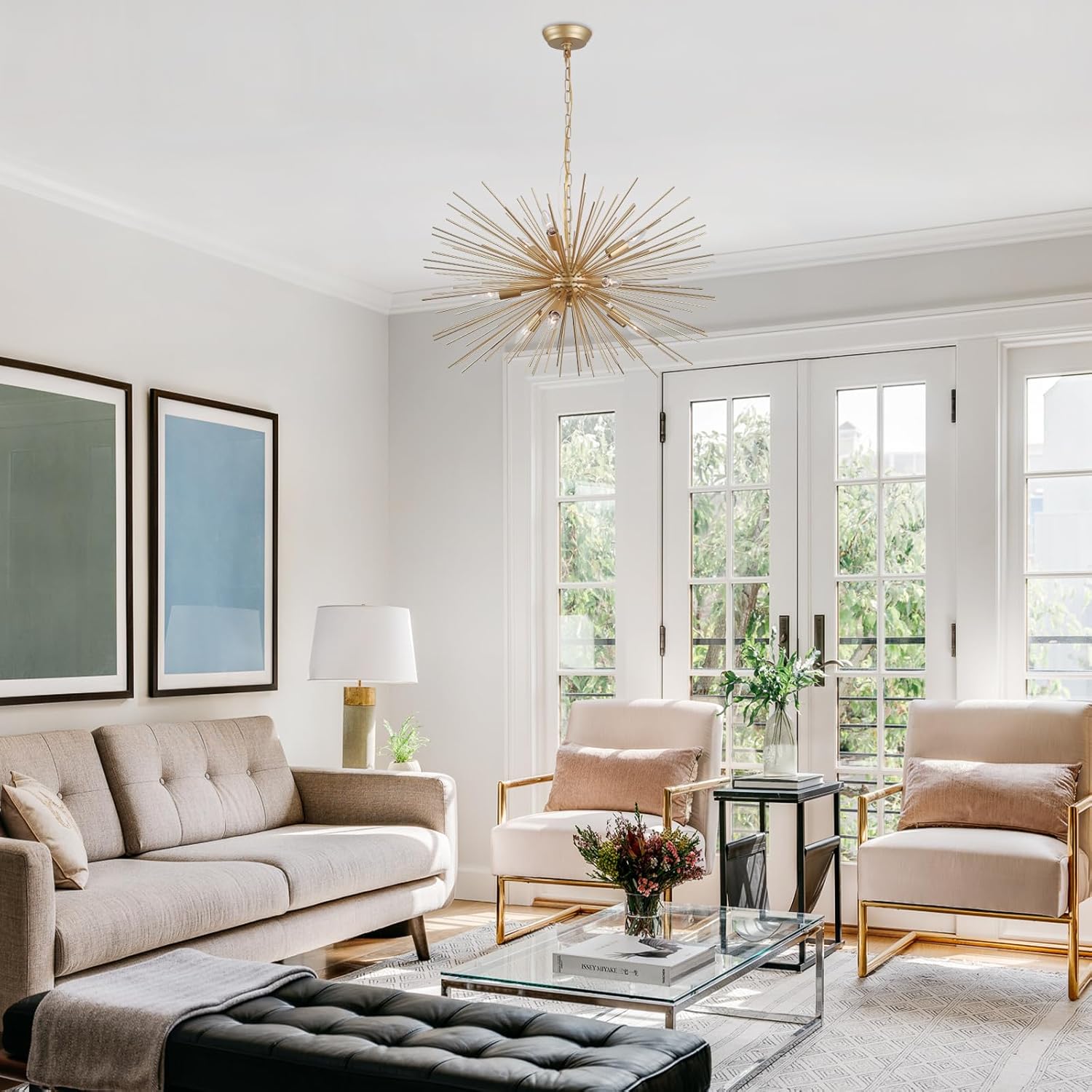 Gold Starburst Chandelier,9-Light Sputnik Chandelier Light Fixture Firework Ceiling Light for Dining Room,Bedroom,Living Room,Kitchen,Entryway,Foyer,29in