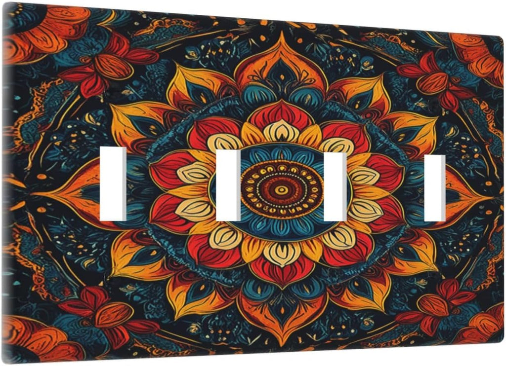 Light Switch Cover Plate Boho Colorful Mandala Quad Toggle Wall Plates Decorative Switch Plates 4 Gang Outlet Covers Electrical Panel Cover Faceplate for Home Decor 4.5 X 8 IN