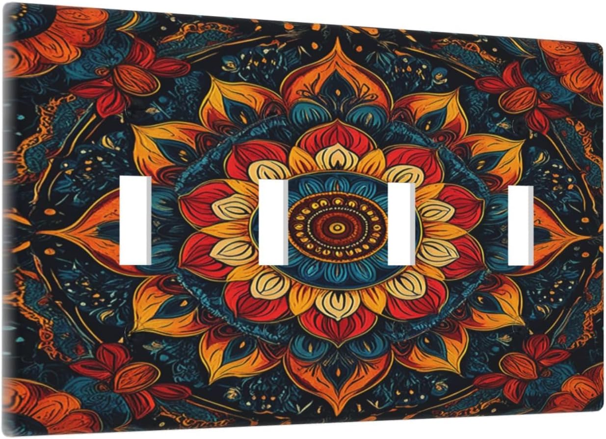 Light Switch Cover Plate Boho Colorful Mandala Quad Toggle Wall Plates Decorative Switch Plates 4 Gang Outlet Covers Electrical Panel Cover Faceplate for Home Decor 4.5 X 8 IN