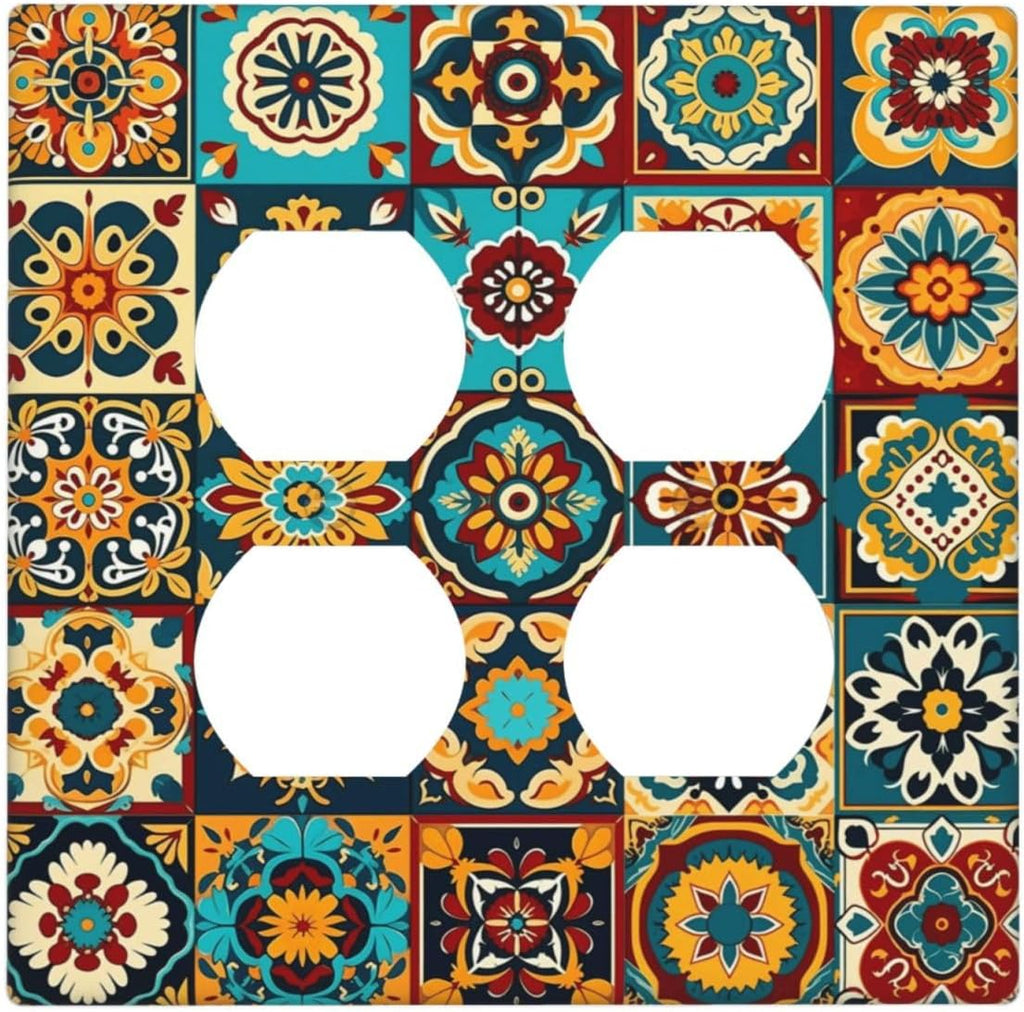 Mexican Talavera Ceramic Tile Moroccan Boho Outlet Covers 2 Gang Double Duplex Decorative Light Switch Covers Electrical Wallplates Socket Faceplate for Bathroom Kitchen Decor