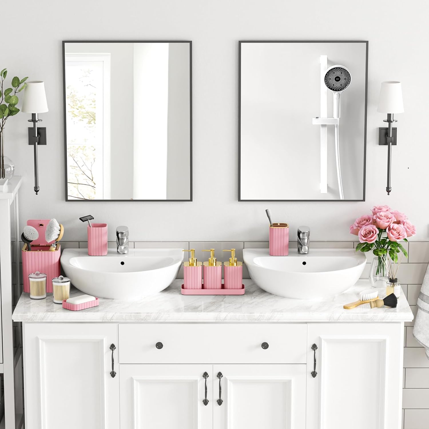 Bathroom Accessory Set - Bathroom Set, 12PC Bathroom Accessories Set, Pink Bathroom Accessories Set, Mini Trash Can, Toilet Brush, Trash Can & Soap Dispenser