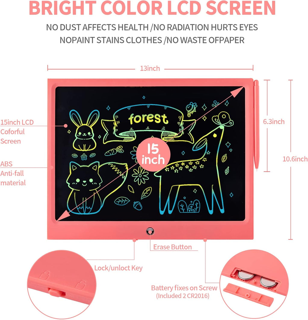 LCD Writing Tablet for Kids, 15 Inch Colorful Electronic Doodle Board, Educational Learning Kids Drawing Tablet Toys, Christmas Birthday Gift for 3 4 5 6 7 8 9 Year Old Girls Boy