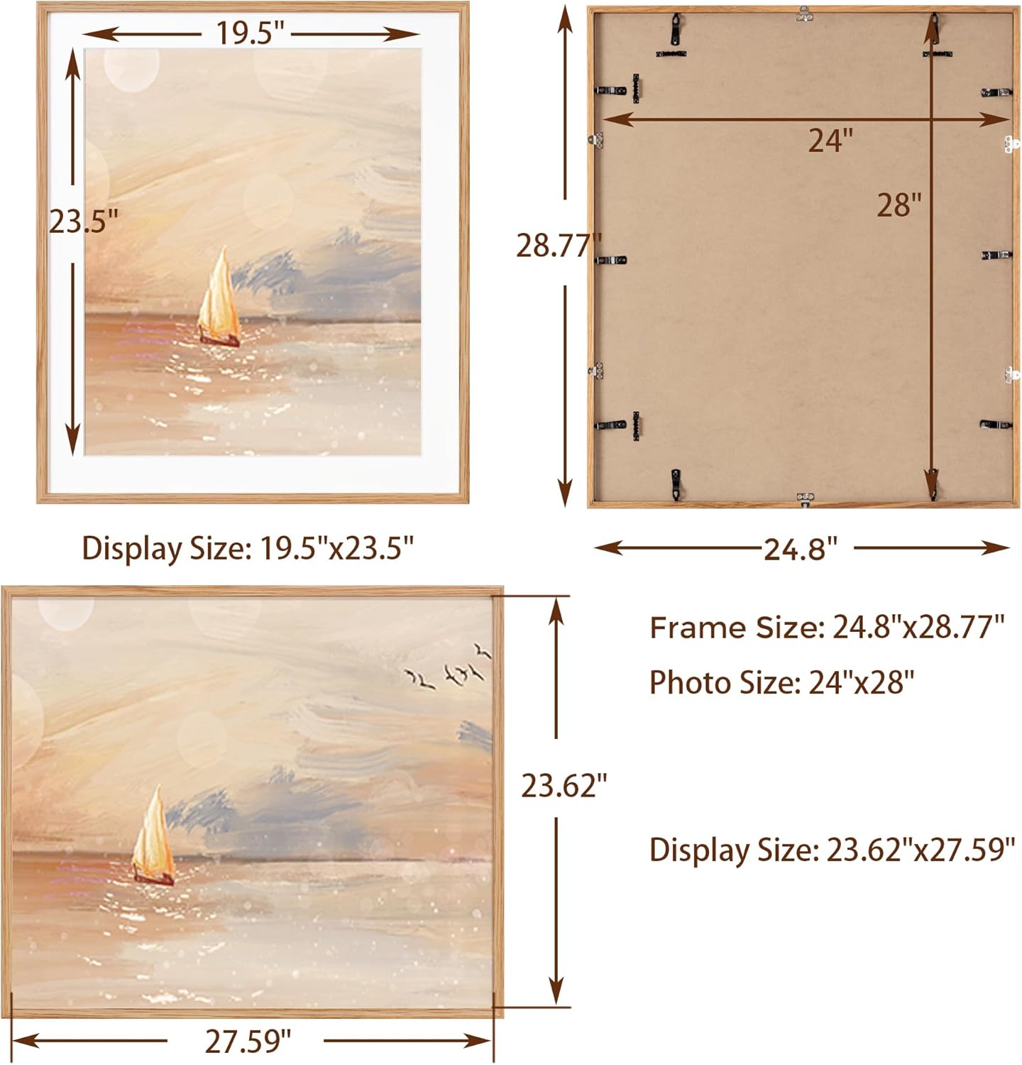 24x28 Picture Frame, Solid Oak Wood Frames 24 by 28, Rustic Wood Poster Frame 24"x28", 24x28 Frame with Mat for 20x24, 24 x 28 Frame with Tempered Real Glass (Natural Oak Color, 1 Pack)