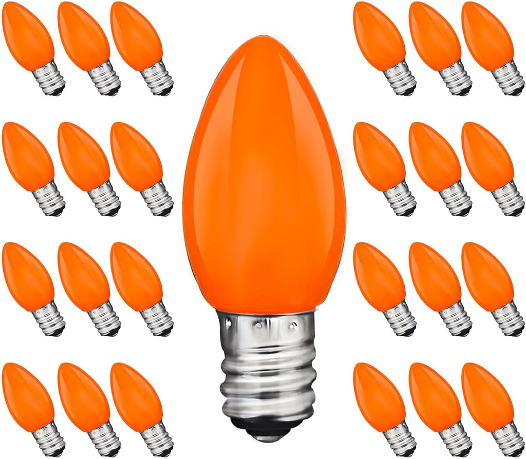 C7 Orange LED Light Bulbs, 25-Pack E12 Base, Halloween & Outdoor String Lights, Waterproof, Energy-Efficient Night Light Bulbs, Replacement Bulbs for Porch, Patio, Yard & Holiday Decor