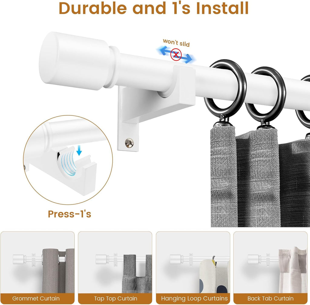 White Aluminium Curtain Rods for Windows,1 Inch Adjustable Curtain Rod 48 to 84 Inch,Heavy Duty Drapery Rods with Thicken Bracket,Modern Single Rod with Aluminium Finials