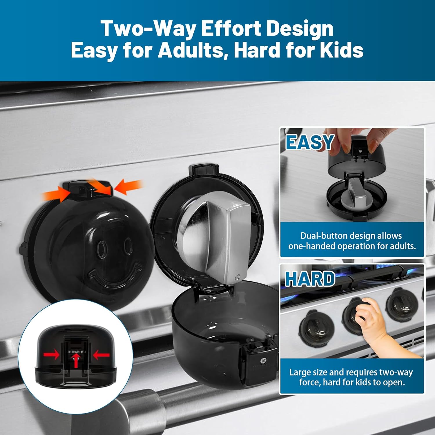 Oven Knob Covers for Child Safety 5 Pack, Black Stove Knob Safety Covers & Gas Stove Locks, Heat-Resistant Adhesive, Double-Key Baby Proof Covers for Gas/Electric Burners,Childproof Protector for Kids