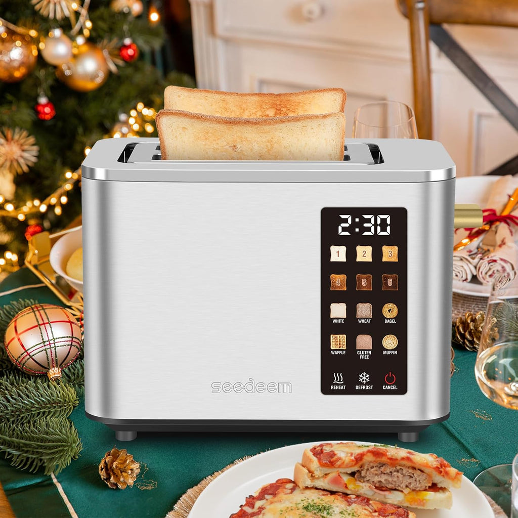 SEEDEEM Toaster 2 Slice, Touch Control Screen, Smart Stainless Toaster, 6 Shade Setting, 6 Bread Selection, Countdown, Removable Crumb Tray, 900W, Silver Metallic