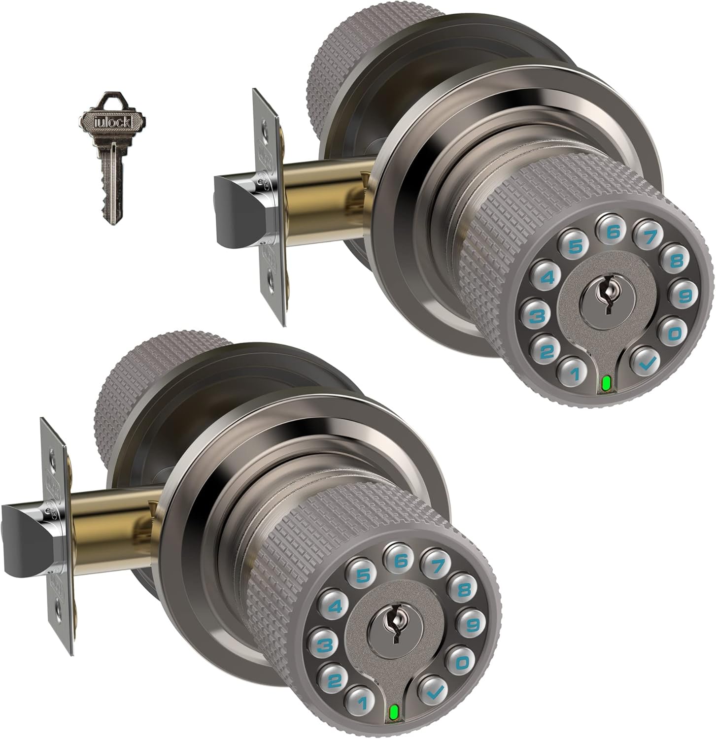 Smart Door Knob with Keypad and Key,Keyless Entry Door Lock with Rubber Grip, Auto Lock,50 User Code,Waterproof, Easy to Install and Program for Bedroom(Stain Nickel Same Key 2 Pack)
