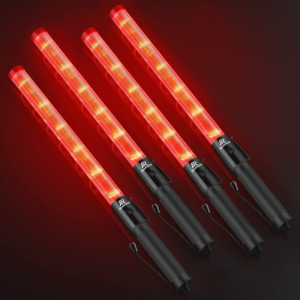 RoadHero 4 Pack Traffic Wand, 21 Inch Led Traffic Control Wands with 2 Flashing Modes, Safety Light Baton with Side Clip for Airport, Parking, Car Directing