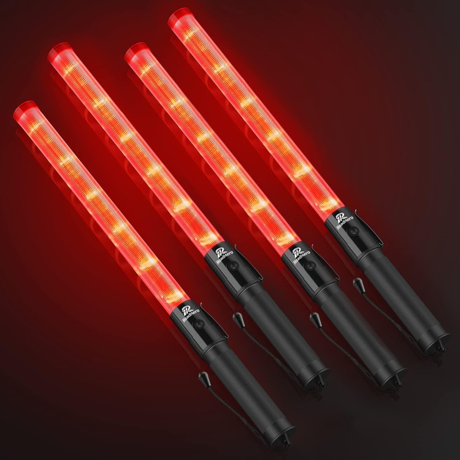 RoadHero 4 Pack Traffic Wand, 21 Inch Led Traffic Control Wands with 2 Flashing Modes, Safety Light Baton with Side Clip for Airport, Parking, Car Directing