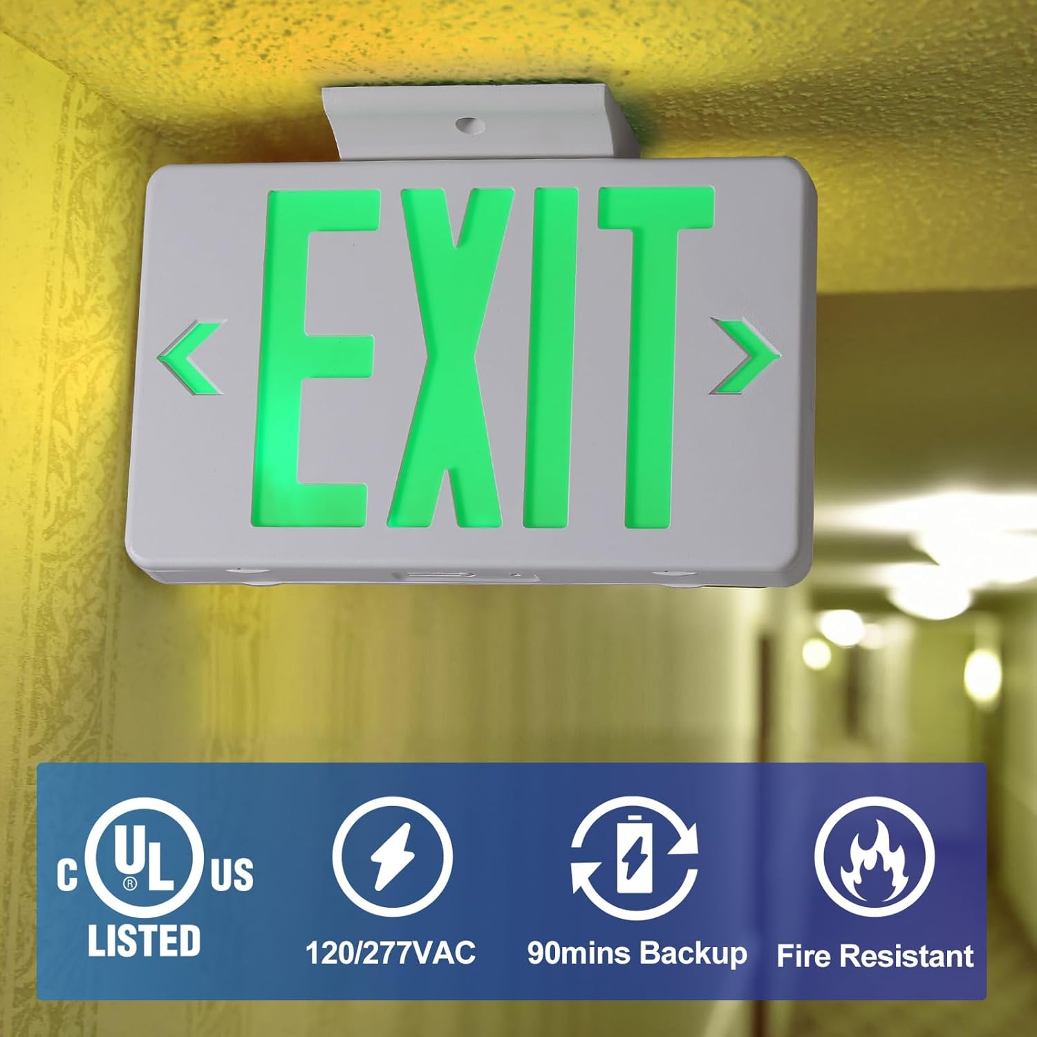 TANLUX Green Corded Exit Sign with 1.0 Meter Plug in Cord, Plug in Exit Sign with Battery Backup Lights for Business, Commerical Emergency Lighting, UL Listed, AC 120/277V, Double Face