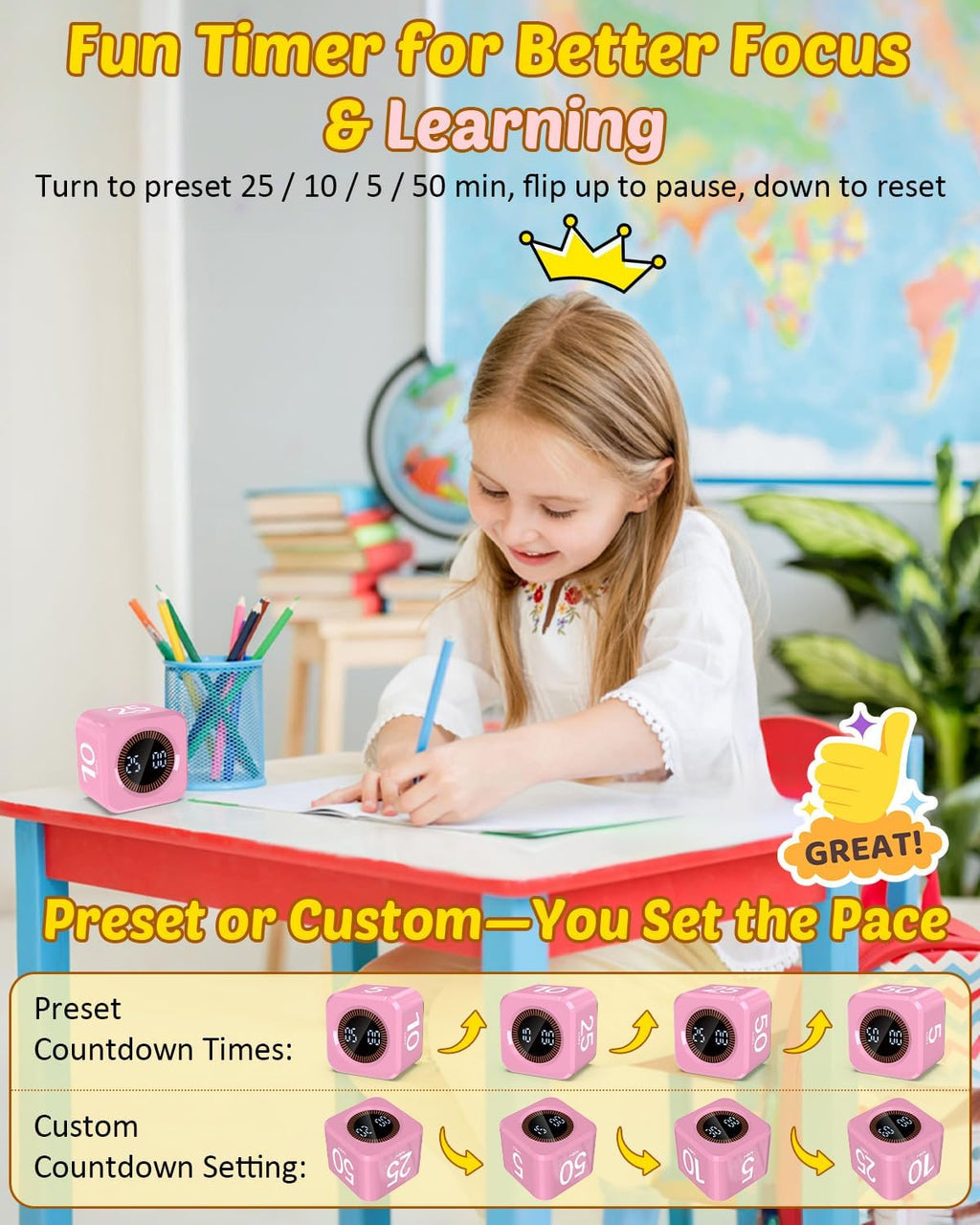 Pomodoro Timer Cube Visual Productivity Flip Timer for Kids Classroom Desk, 5/10/25/50min&Custom Countdown, Silent&Sound Mode Digital Cube for ADHD Study Work School Game Kitchen (Pink)