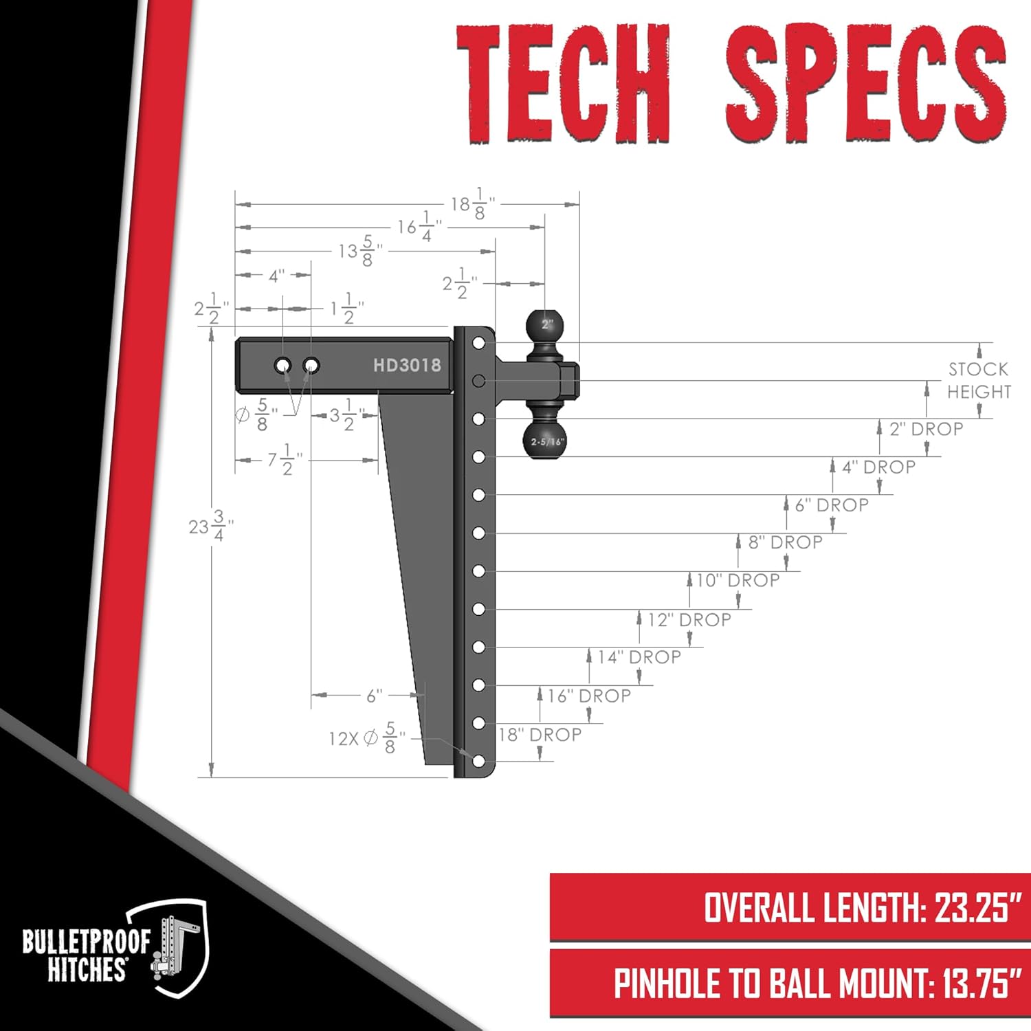 BulletProof Hitches - 3.0" Adjustable Heavy Duty Trailer Hitch (22,000 lb. Rating) - 18" Drop/Rise Trailer Hitch with 2" & 2-5/16" Dual Ball - Powder Coat, Solid Steel, Corrosion-Resistant