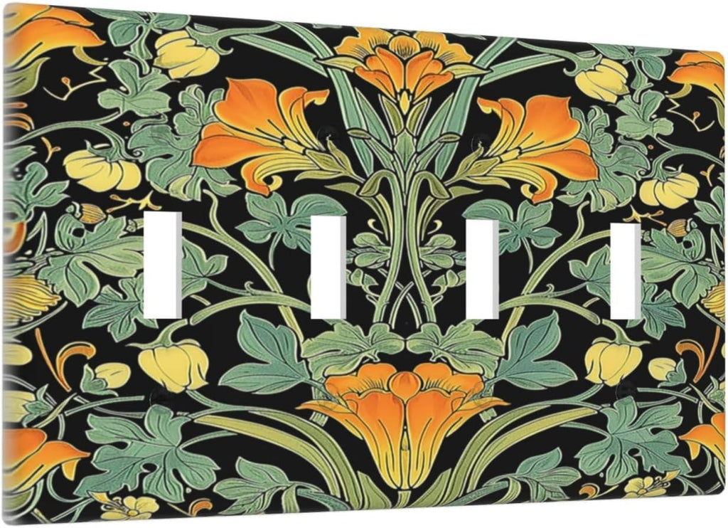 Light Switch Covers William Morris Vintage Floral Green Yellow Quad Toggle Electrical Faceplate 4 Gang Wall Plate Decorative Switch Plates for Bedroom Home Decor