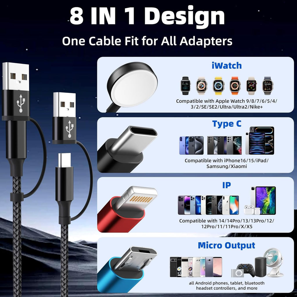 Cruise Essentials 4 in 2 Charging Cable for Apple iWatch Charger/iPhone 17/Lightning/Micro, Travel Multi Charging Cable Cord Compatible for iWatch Ultra/SE/10-1, iPhone16-6, Android, Car Accessories