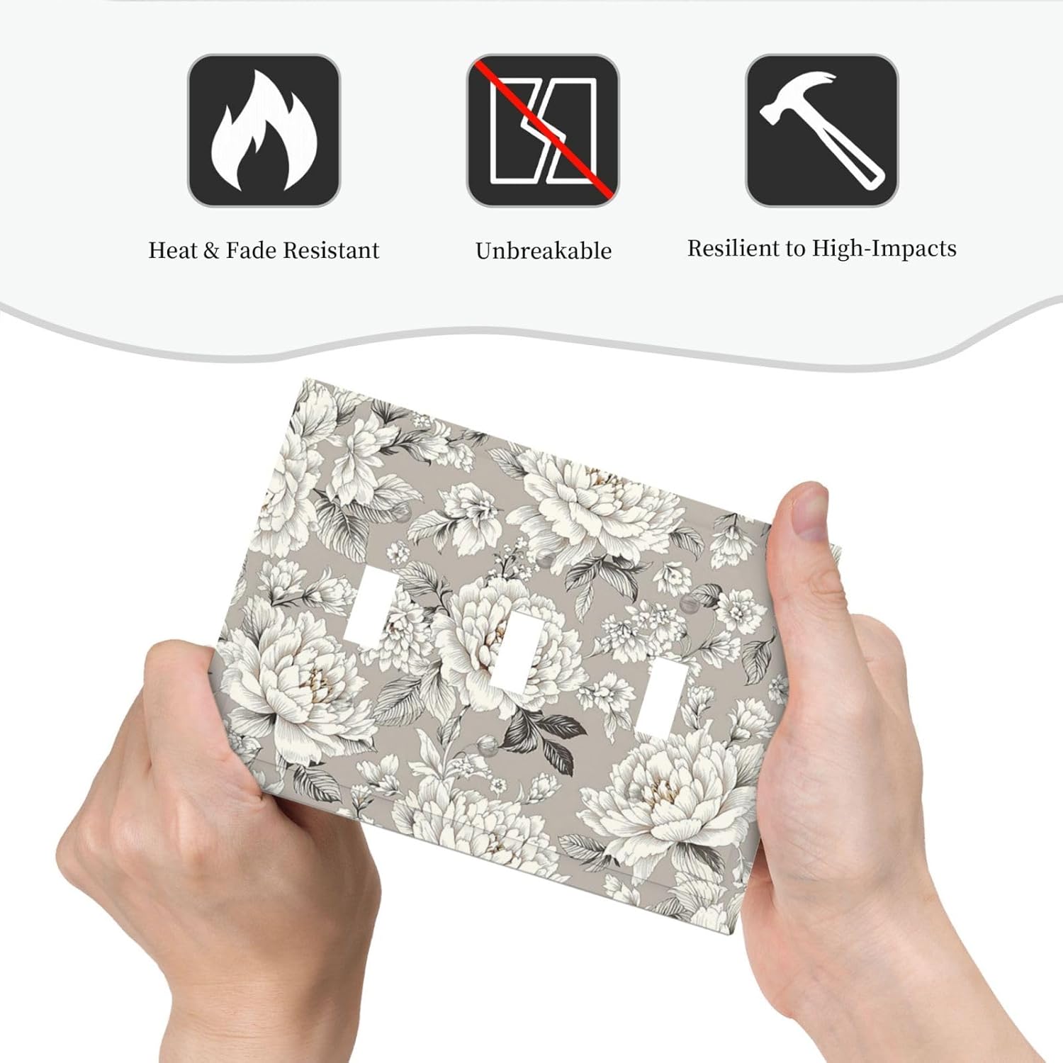 White Poppies Floral Modern Grey Peonies Flowers Decorative Switch Plates 3 Gang Wall Plate Triple Toggle Light Switch Cover Electrical Wall Panels Faceplate for Bedroom Bathroom Decor