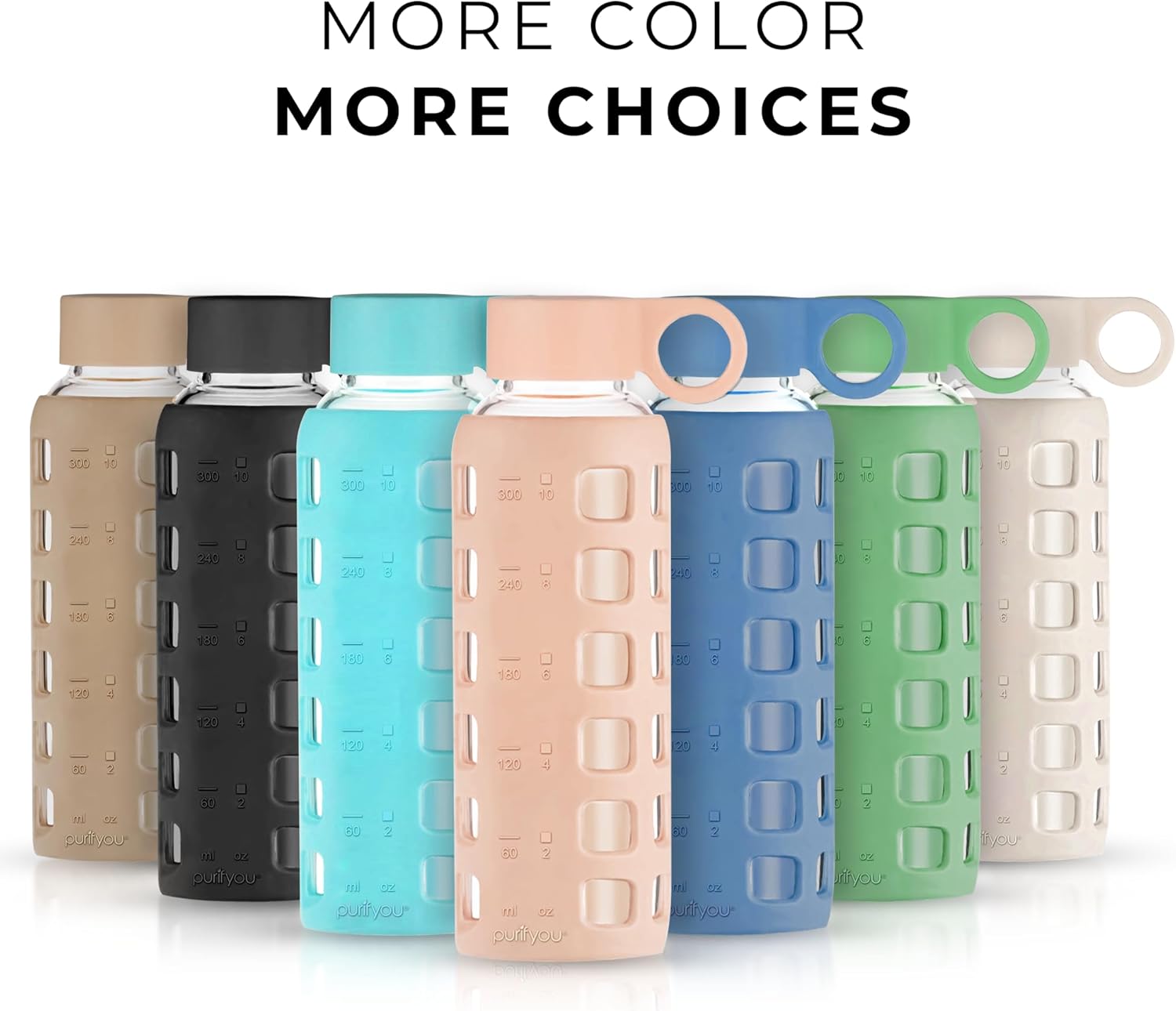 purifyou 40oz / 32oz / 22oz / 12oz Borosilicate Glass Water Bottle with Time & Volume Markers, Silicone Sleeve, Stainless Steel Lid | Reusable Glass Bottle for Water & Juice (12oz Hazelnut)